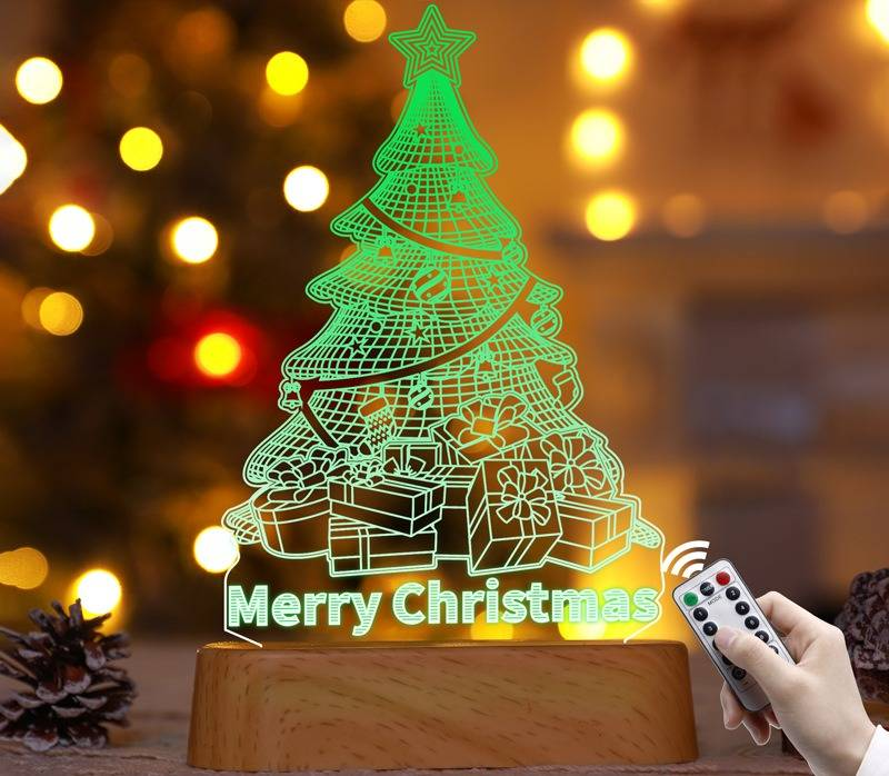 Luz nocturna acrílica con forma de árbol de Navidad y ciervo, decoración navideña LED, opciones en blanco cálido y colorido, base con veta de madera, decoración festiva para el hogar y el escritorio._voghion.com