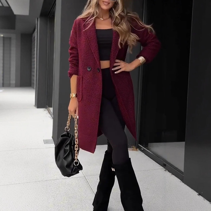 Dames enkelrijs pluche blazer – zachte imitatiebont revers, losse pasvorm forensenjas (zwart/donkerbruin/bordeauxrood, S-3XL)_voghion.com