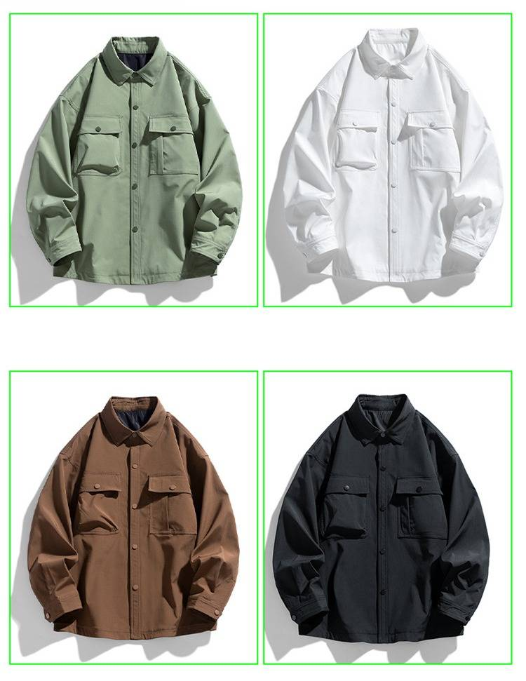 Herren-Arbeitsjacke – Leichtes, wasserabweisendes Freizeithemd mit Umlegekragen (Mokkabraun, Olivgrün, Schwarz, Vanilleweiß)_voghion.com