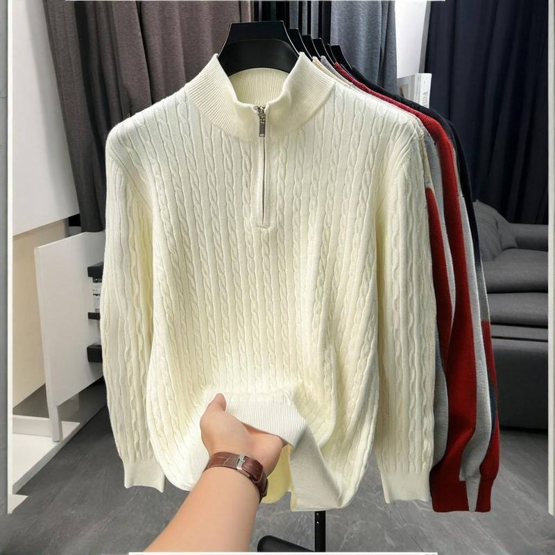 Herren-Strickpullover, dick, halbhoch geschnitten, mit Reißverschluss, lässig, lockere Passform, für Herbst/Winter_voghion.com