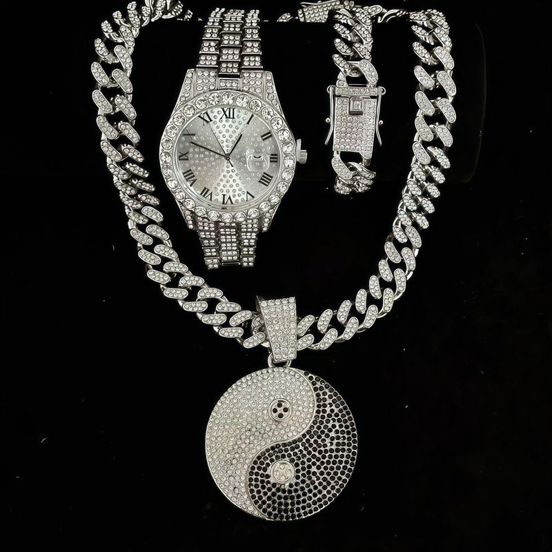 Men's Hip-Hop Quartz Watch With Cuban Chain & Pendant Set - Stylish Gold/Silver Alloy Jewelry For Men_voghion.com
