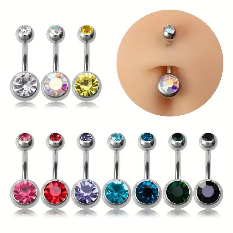 Piercing all'ombelico con doppia sfera rotonda in titanio medico F136, in lega G23 con filettatura interna e zircone._voghion.com