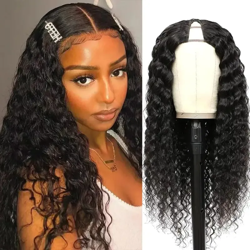 Peluca de cabello humano con rizos en forma de V y densidad 180, hecha a máquina, color negro natural, Remy, con ondas al agua, peluca de cabello humano con rizos en forma de V_voghion.com