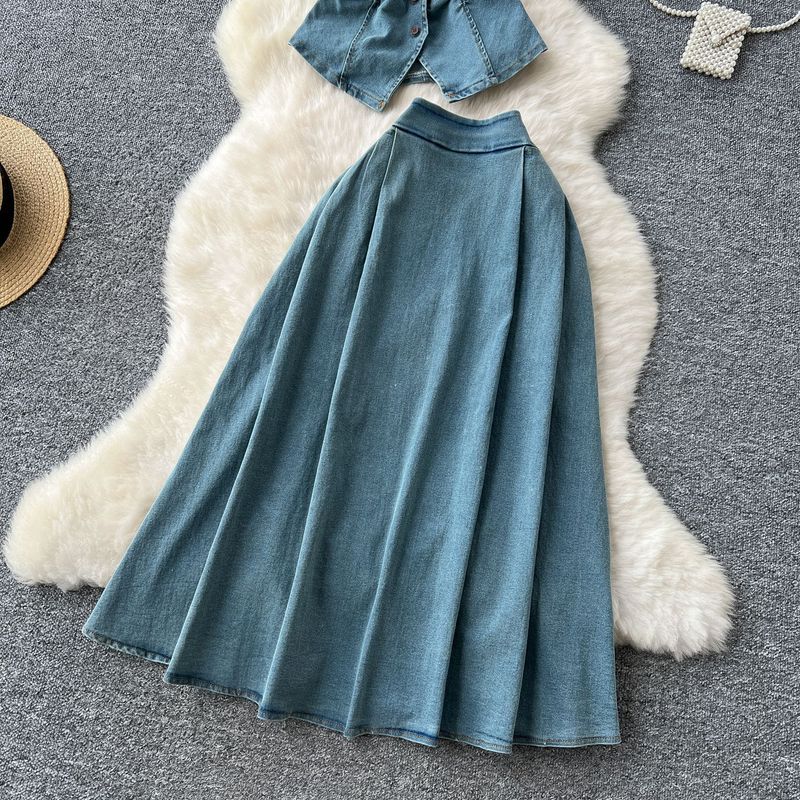 Dameklær Aldersreduserende dress for kvinner Plisset midje Lapel Ermeløs denim topp Høy midje skjørt_voghion.com