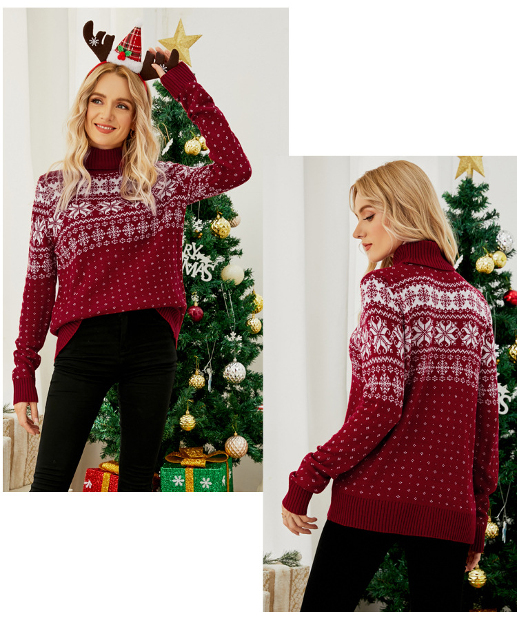 Weihnachtspullover für Damen mit Rollkragen, langärmelig, Schneepullover_voghion.com