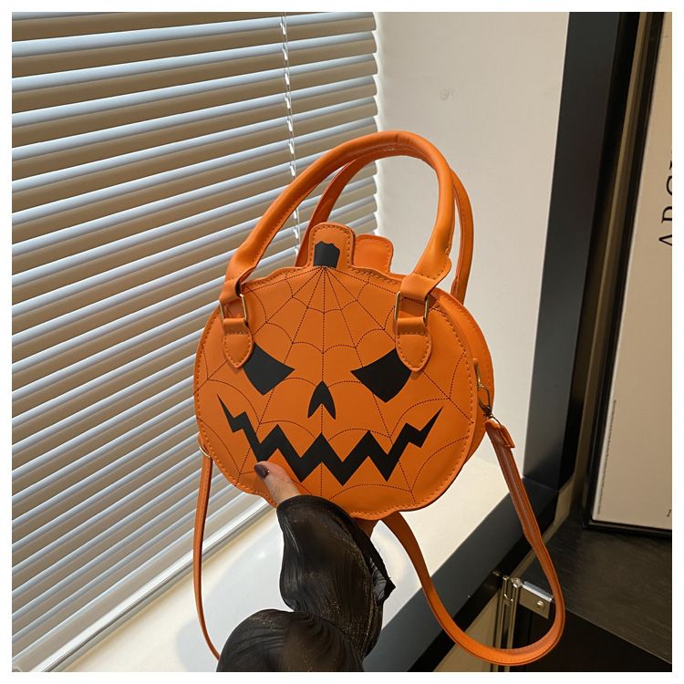 Borsa a tracolla con zucca di Halloween - Piccola borsa a tracolla rotonda in stile retrò con blocchi di colore, chiusura con cerniera e tasca per telefono_voghion.com