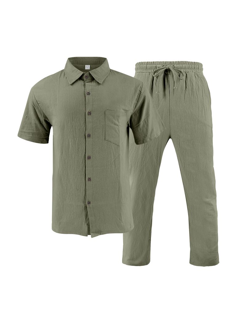 Set de cămașă și pantaloni scurți de plajă din in pentru bărbați, costum casual de vară cu mânecă scurtă_voghion.com