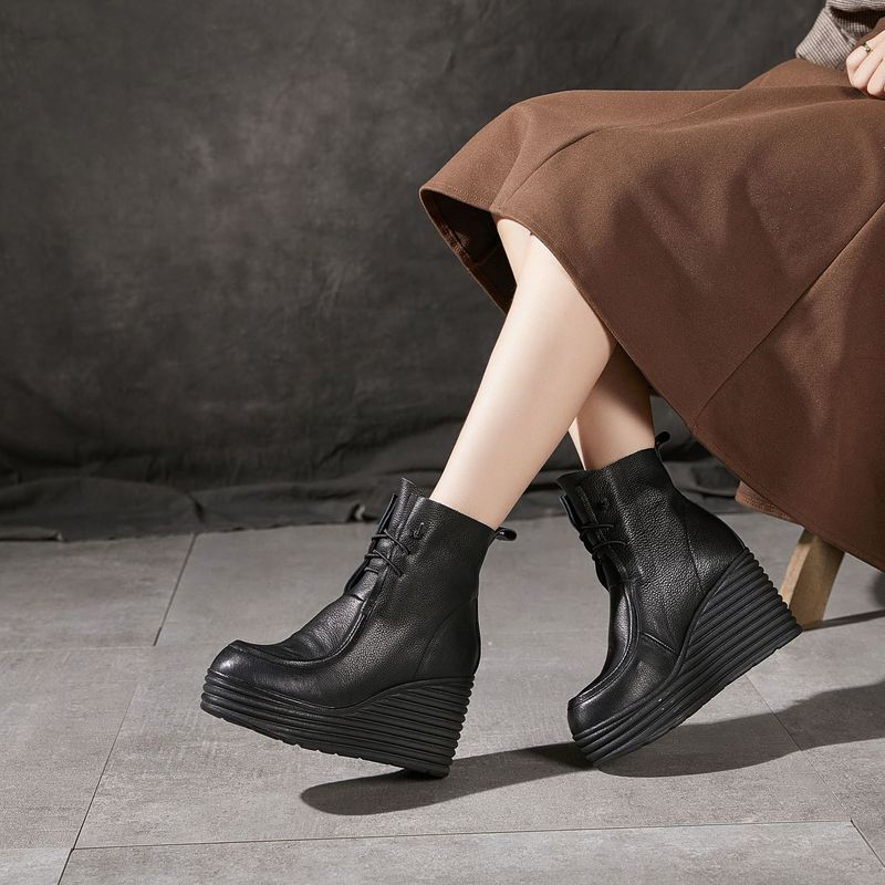 Trendy Brand Dark Soft Cowhide Women's Slip-On Short Thick-Soled Martin Genuine Leather Fashion Fleece-Lined Work Boots_voghion.com