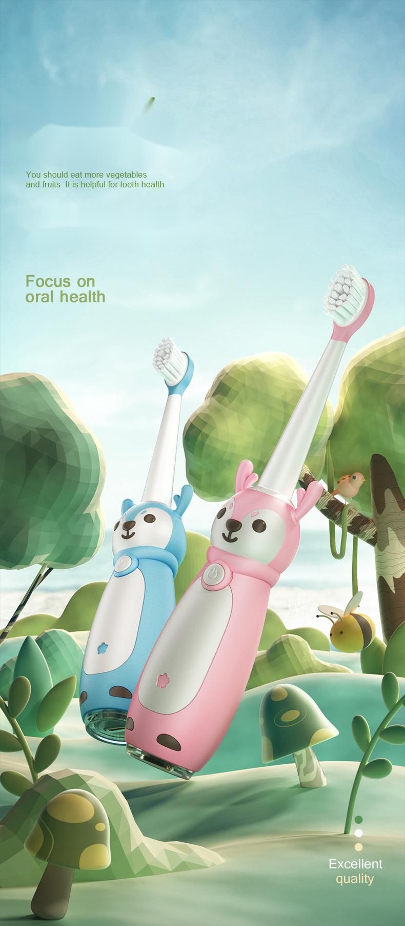 Cepillo de dientes eléctrico para niños con cerdas suaves, diseño de dibujos animados para edades de 5 a 12 años, certificado CE para una limpieza suave y eficaz._voghion.com