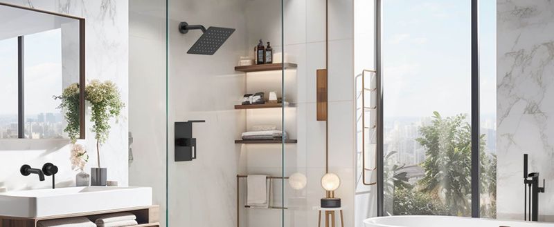 Shower Faucet With Storage Rack 8-inch Rain Shower Head Shower Decoration Kit With Single Spray Shower Head Shower Faucet Set Complete Matte Black_voghion.com