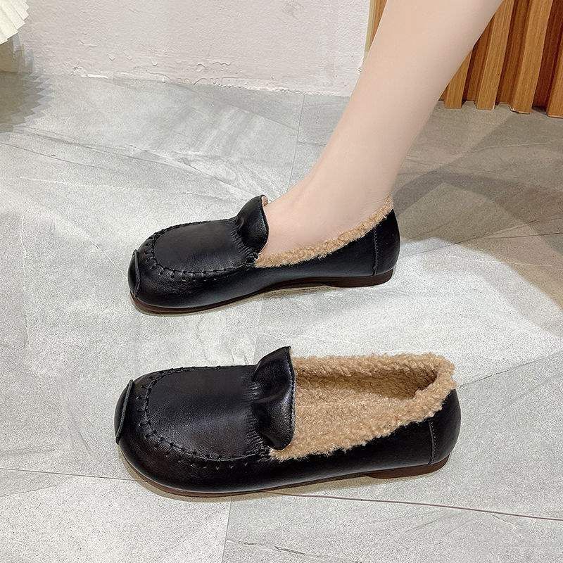 Furry 2025 Autumn Winter New Korean Style Round Toe Flat Loafers Shallow Mouth Single Shoes For Women_voghion.com