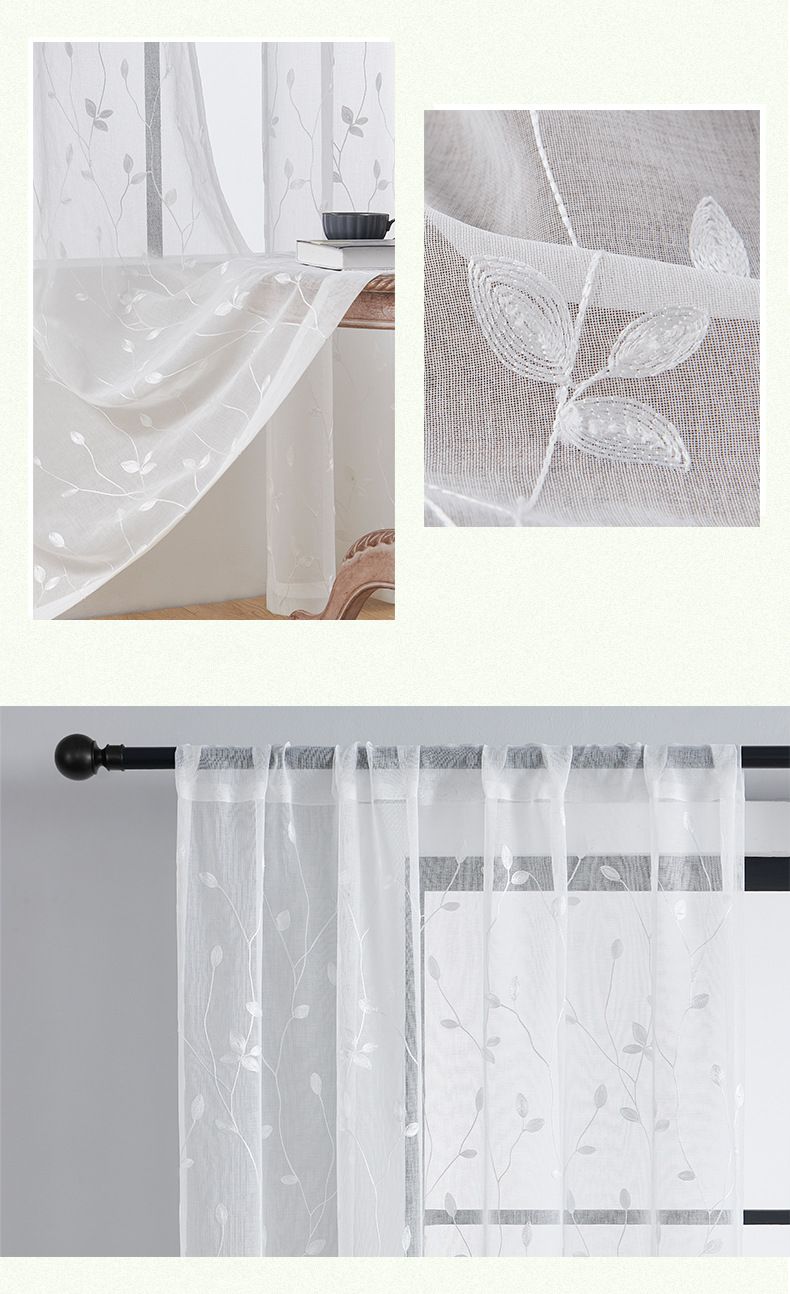Bestickte transparente Vorhänge – halbtransparente Fenstervorhänge mit Blattmuster für Wohnzimmer/Schlafzimmer (rustikaler Bauernhausstil, lichtfilternd, einfach aufzuhängen)_voghion.com
