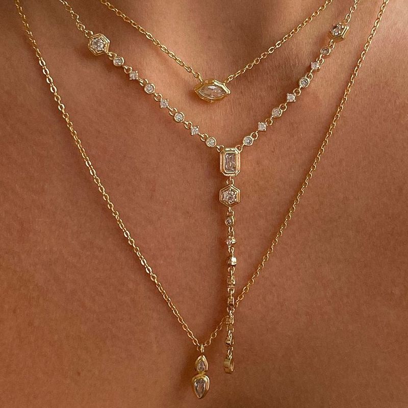 Vintage Geometric Pendant Necklace Elegant Layered Y-Chain With Crystal Accents, Dainty Gold/Silver Statement Jewelry For Daily Wear & Special _voghion.com