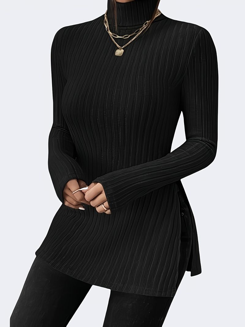 T-shirt da donna a maniche lunghe a coste, collo alto, orlo diviso, vestibilità attillata – Top casual in maglia elasticizzata Abbigliamento da donna_voghion.com
