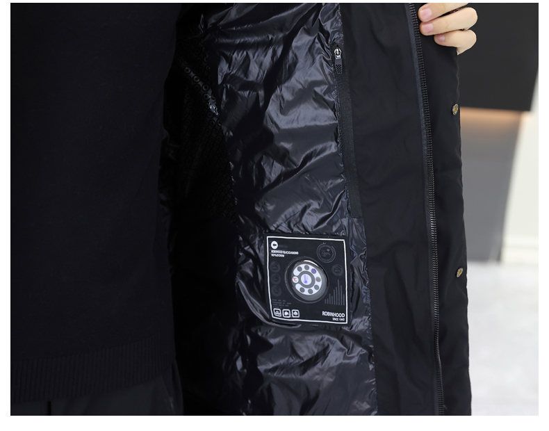 Herrenbekleidung: Luxuriöse mittellange Daunenjacke mit Kapuze von Black Diamond – Hochwertige weiße Gänsefedern, ultrawarm und stylisch für Männer und Frauen_voghion.com