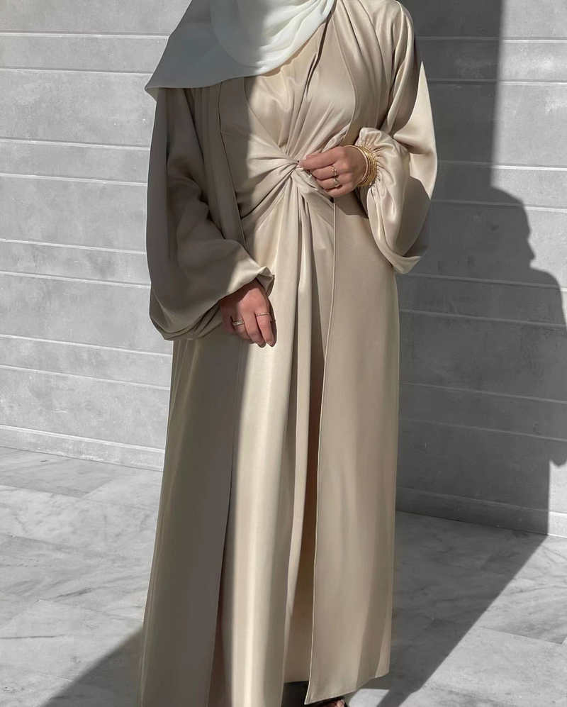 Moda musulmană Turcia Dubai La modă rochie solidă din două piese costum cardigan LR511_voghion.com