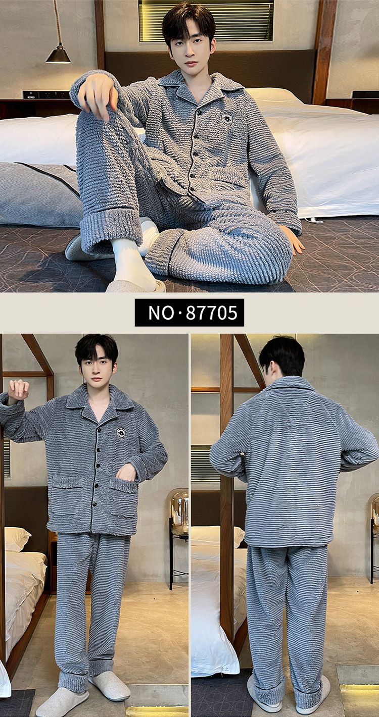 Pyjamas für Herren im Herbststil, dicker und plüschiger Korallensamt, warme Flanell-Heimkleidung, großes Winterset_voghion.com