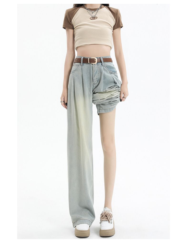 Jeans a gamba larga retrò a forma di pera da donna, vita alta, che coprono i fianchi e la pancia, snellenti, drappeggiati, larghi e versatili._voghion.com