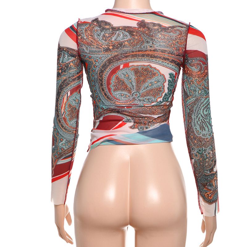 T-shirt slim à manches longues et col mi-haut pour femme, imprimé abstrait, coupe ajustée_voghion.com