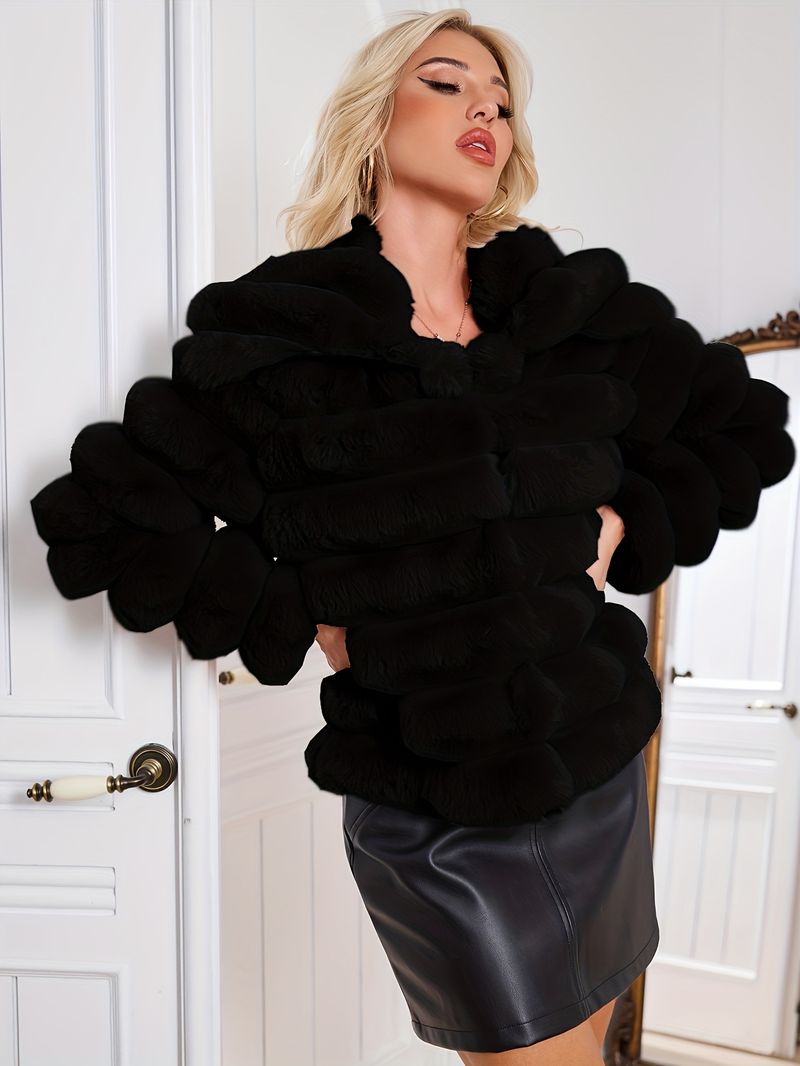 Giacca elegante da donna con fodera in pelliccia, manica lunga, nera, con colletto a revers, vestibilità regolare per autunno e inverno, a mano_voghion.com