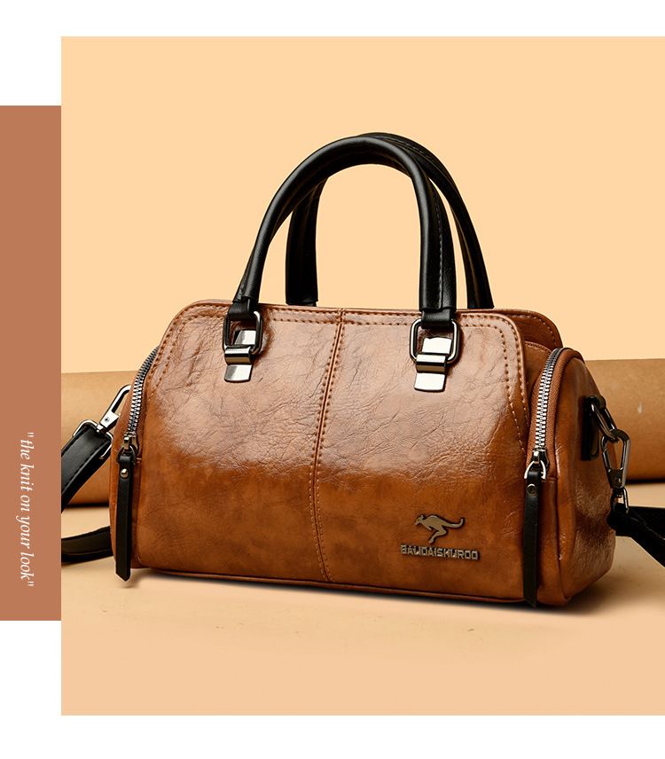 Women's Bag New Fashion Retro Versatile Contrasting Color Boston Pillow Bag Soft Leather Hand-held Large Capacity Mother Bag_voghion.com