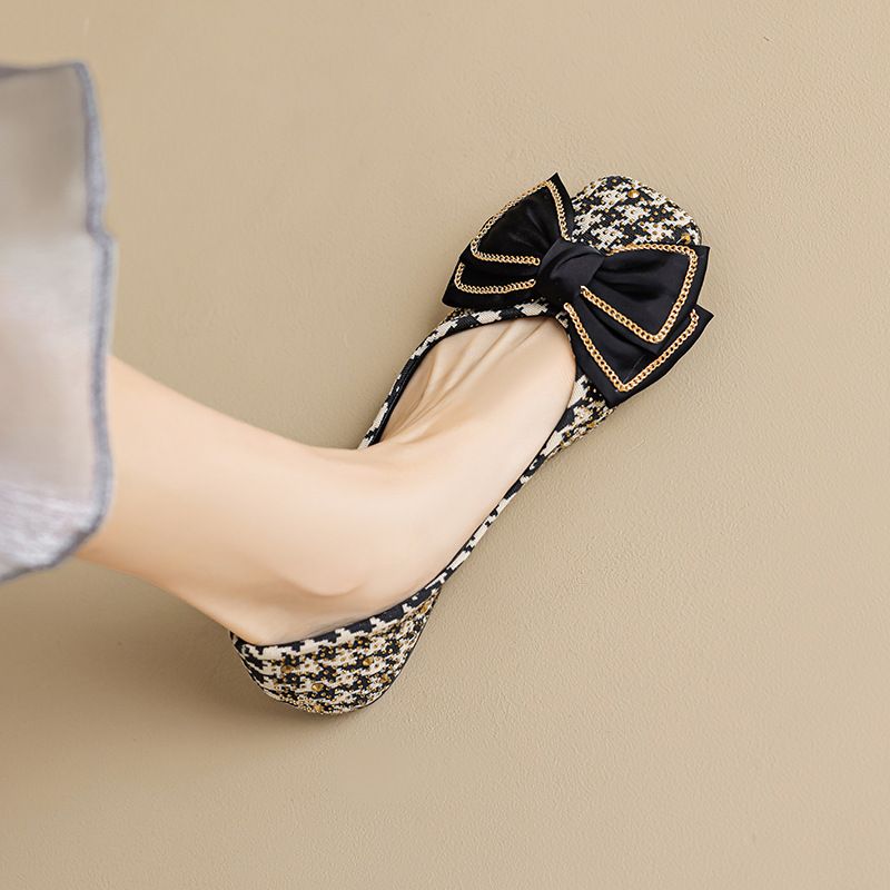 Sapatos femininos Square Head Single Bow Flat One Pedal Thousand Bird Grid Sola macia Boca rasa Doudou Shoes_voghion.com