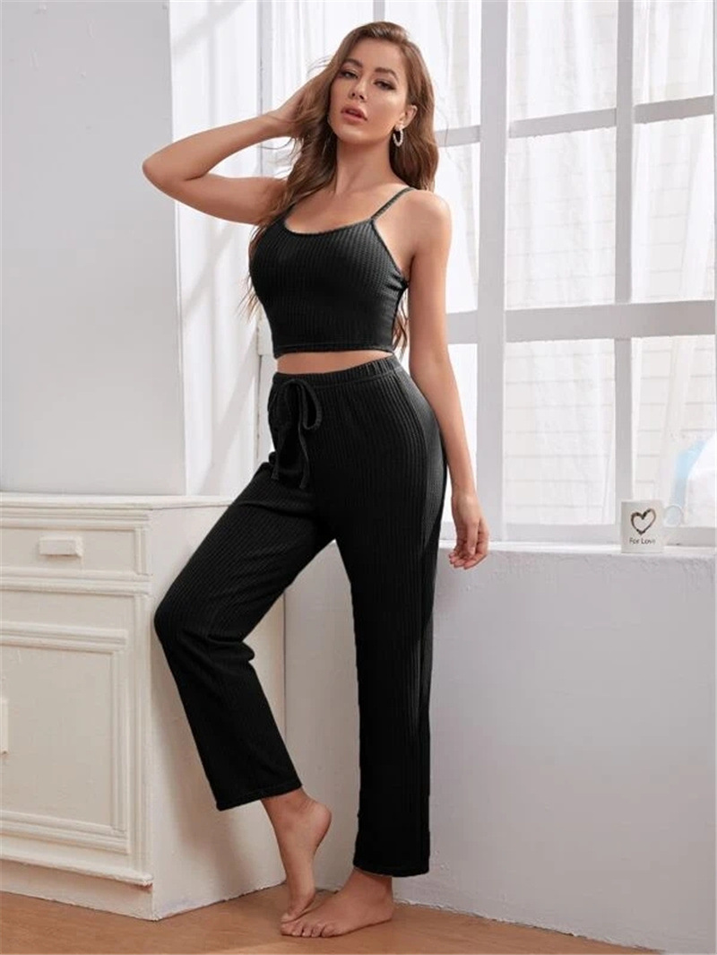 Women's home wear women's Waffle knit halter top trousers robe pajamas three sets_voghion.com