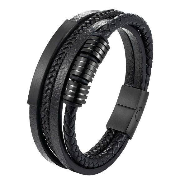 Braccialetto artistico multistrato originale da uomo con tre anelli in oro e accessori in acciaio al titanio, alla moda, in pelle nera_voghion.com