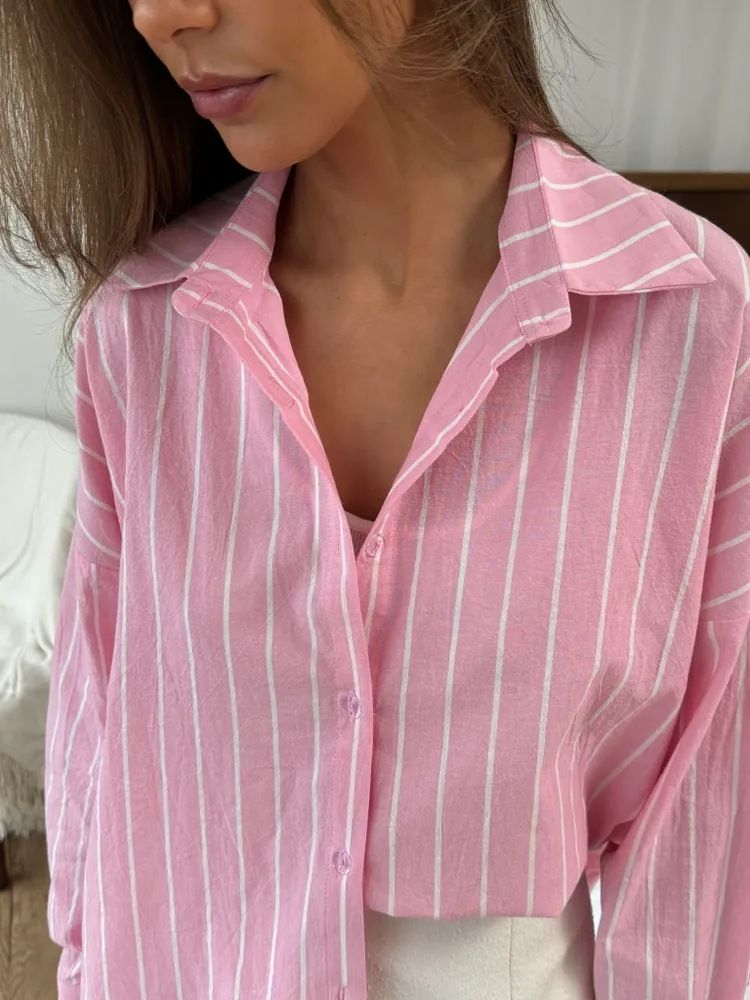 Chemise d'été à manches longues et rayures pour femme – Polyester léger, coupe ample, col polo, motif 3D, tenue décontractée et de bureau (bleu/rose/gris)_voghion.com