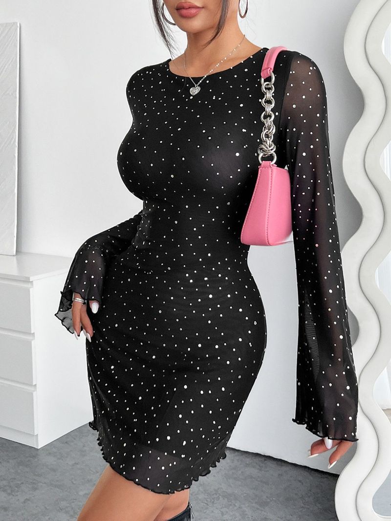 Vestido feminino elegante de malha preta com lantejoulas e costas nuas, de manga comprida, estilo europeu e americano, 2025_voghion.com