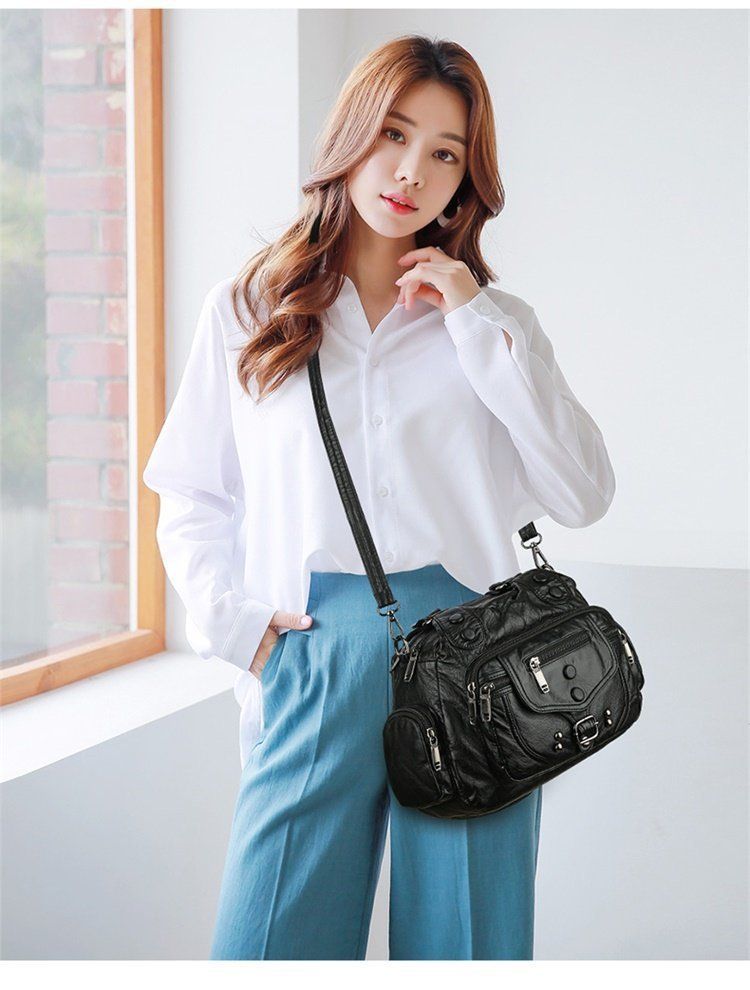 Borsa da donna in pelle lavata di alta qualità, borsa tote in morbida pelle con rivetti retrò, borsa a tracolla multitasche di grande capacità_voghion.com