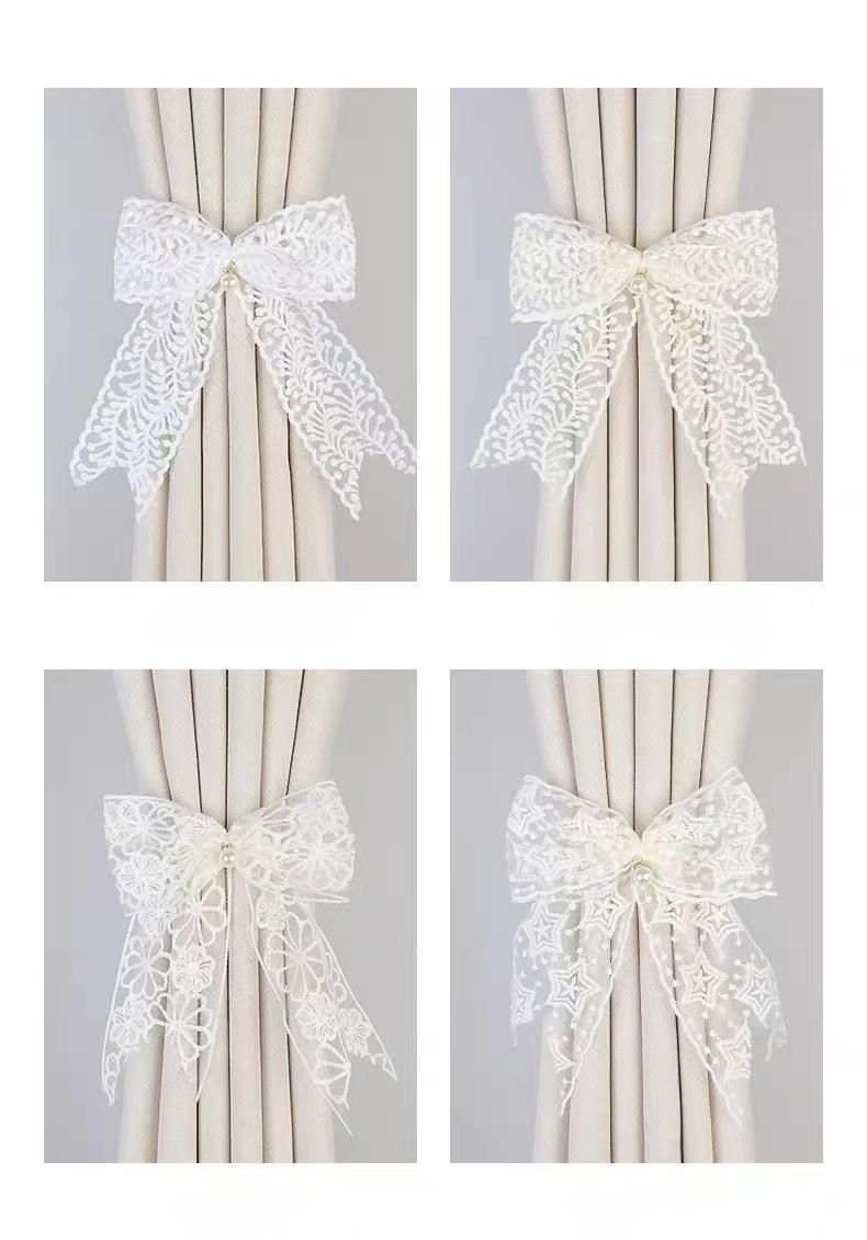 Raffhalter aus Spitzenschleife, leichter, luxuriöser französischer Vorhang mit Kordelzugschnalle im koreanischen Stil, ohne Bohren, schönes, transparentes Bindeseil_voghion.com