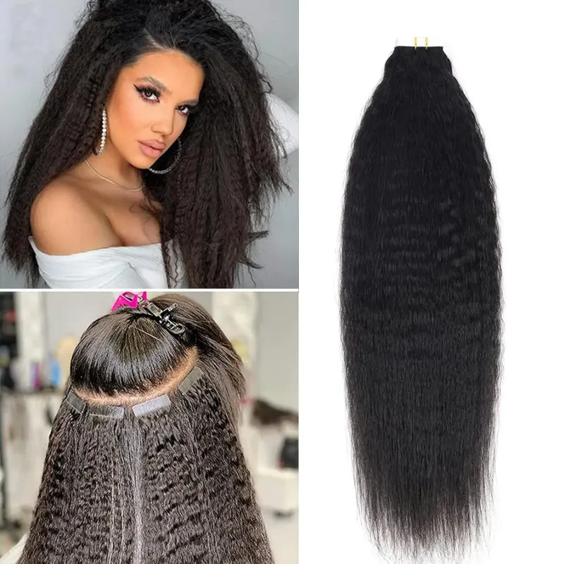 Kinky Straight Tape in Extensions Human Hair Remy Yaki 20pcs_voghion.com