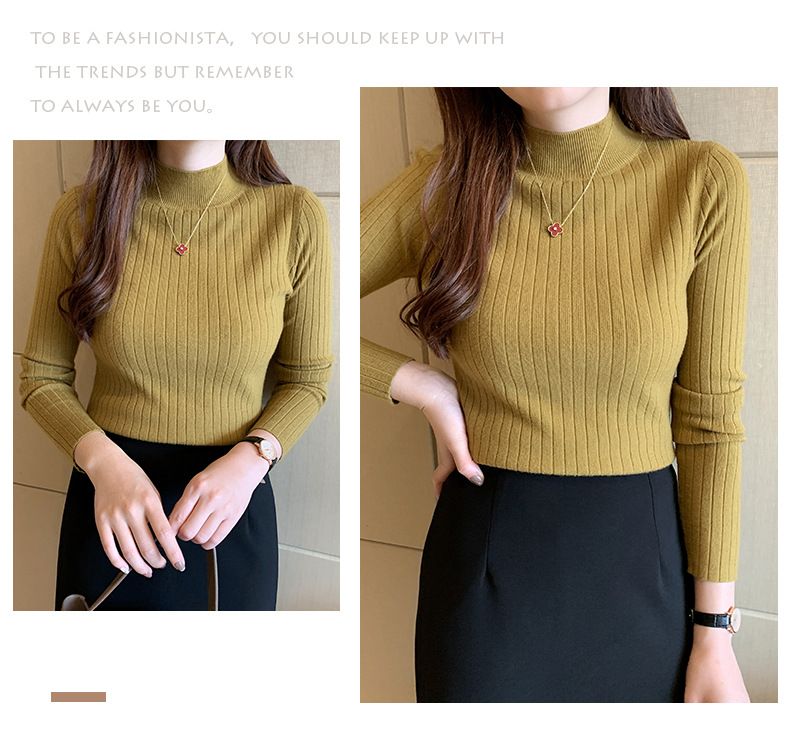 Autumn Winter New Women's Half-Polo Turtle Neck Knit Sweater Solid Color Base Layer Top Inner Outer Wear Stylish Medium Length_voghion.com