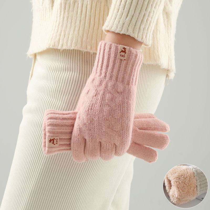 Guantes de invierno para mujer, cálidos, gruesos, resistentes al frío, bonitos, de lana, tejidos, elásticos, para estudiantes, para montar a caballo, con pantalla táctil, estilo primavera y otoño_voghion.com