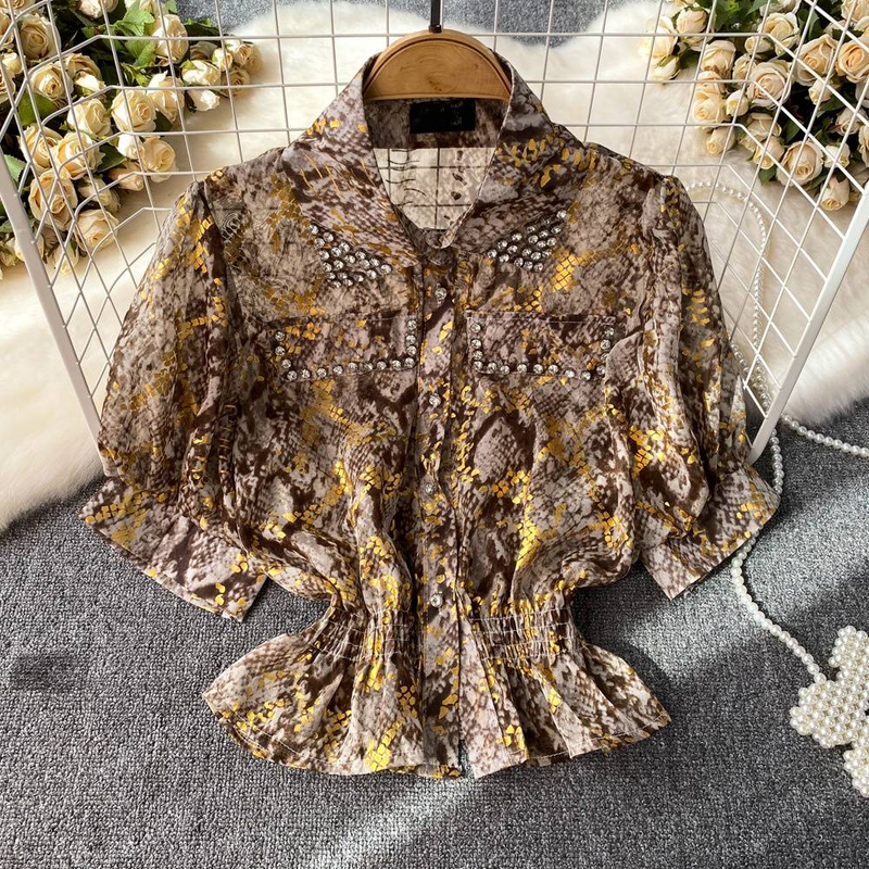 Women's Clothing Short Sleeve Diamond Lapel Waist Snake Print Chiffon Shirt Women's Short Top Summer_voghion.com