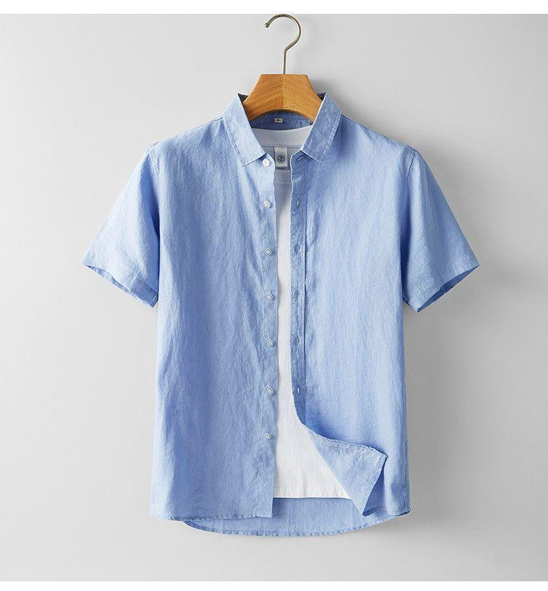 Camicia da uomo in lino puro, tinta in filo fresco, estiva, da uomo, ampia e sottile, a maniche corte, casual, da esterno, per ragazzi_voghion.com