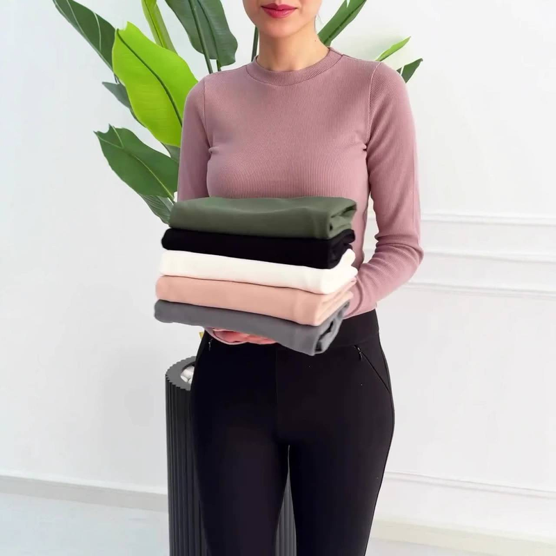 Maglia a coste Essential – Maglietta a maniche lunghe con scollo rotondo e vestibilità slim (poliestere elasticizzato, antipiega, versatile capo da indossare a strati per donna, dalla XS alla 3XL)_voghion.com