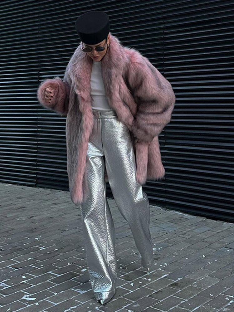 Cappotto di pelliccia sintetica di lusso da donna, giacca invernale in similpelle, caldo, aperto sul davanti, lungo, elegante, con cappuccio, rosa tenue._voghion.com