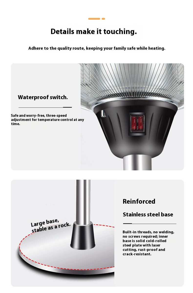 Outdoor Umbrella Heater – Carbon Fiber Heating, 2200W/3000W Adjustable, IPX4 Waterproof, Silent Operation (36dB), Tip-Over Protection_voghion.com