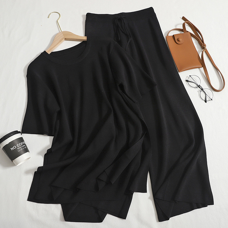 Damesgebreid pak, gebreide trui met losse split, tweedelige set, rechte casual broek met hoge taille_voghion.com