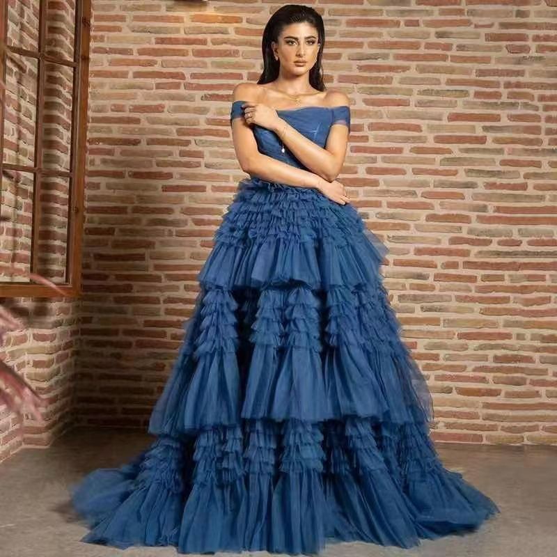 Robe de soirée asymétrique à épaules dénudées, en maille multicouche, ultra moelleuse et luxueuse, style européen et américain_voghion.com