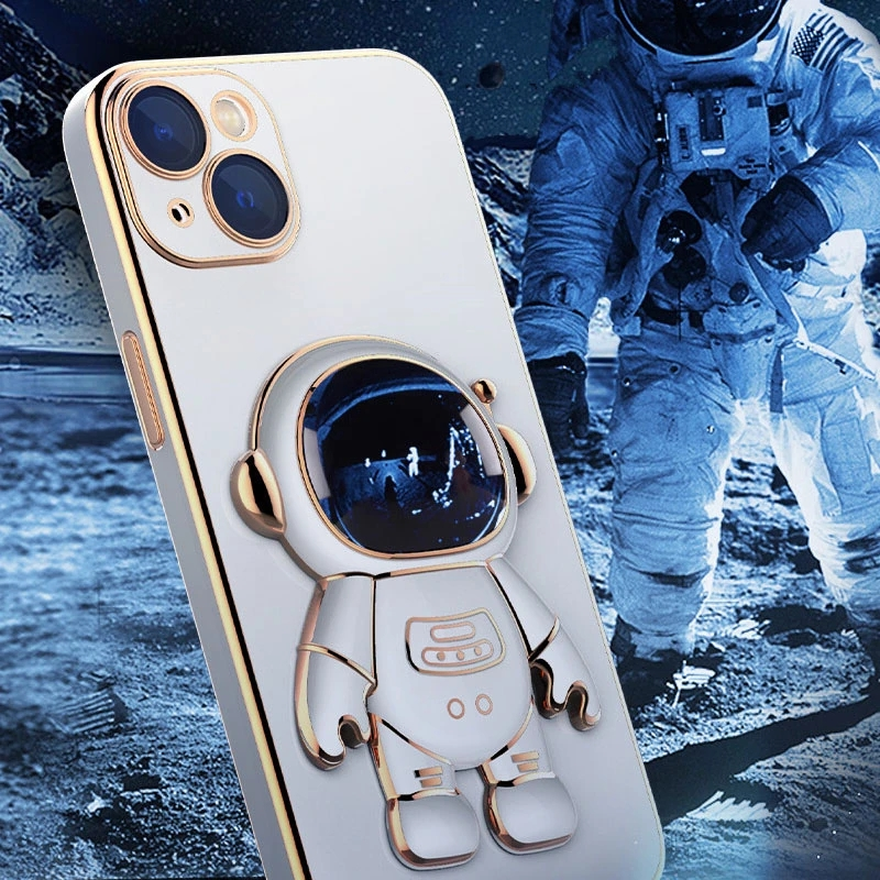 3D Astronaut Folding Stand Soft Phone Case For iPhone 14 13 12 11 Pro Max XR XS 7 8 Plus SE 2022 Plating ShockProof Case Cover_voghion.com