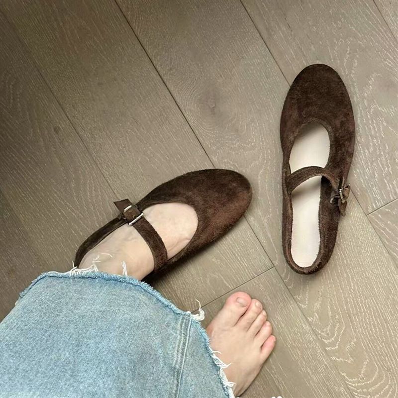 Cowhide Version Version Of Round Toe Mary Jane Shoes, Brushed Cowhide Shallow Mouth Flat Shoes, Red Single Shoes For Women_voghion.com
