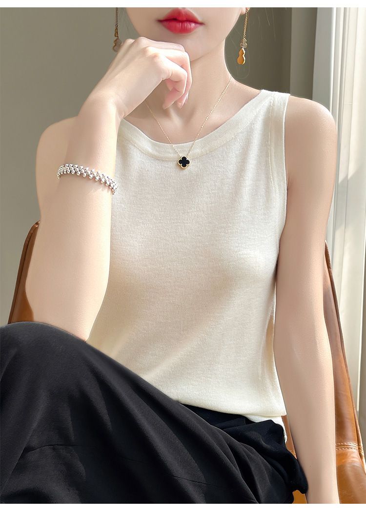 Spring Summer New Thin Wool Knitted Sweater With Camisole And Sleeveless Vest, Women's Round Neck Inner Layer As A Base_voghion.com