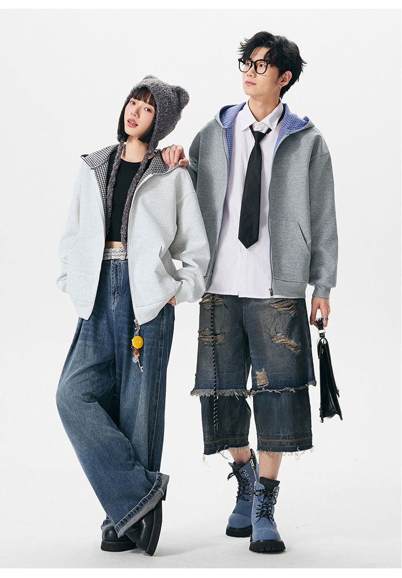 Felpa unisex con cappuccio e cerniera a quadri vintage - Pullover casual oversize per uomo e donna_voghion.com
