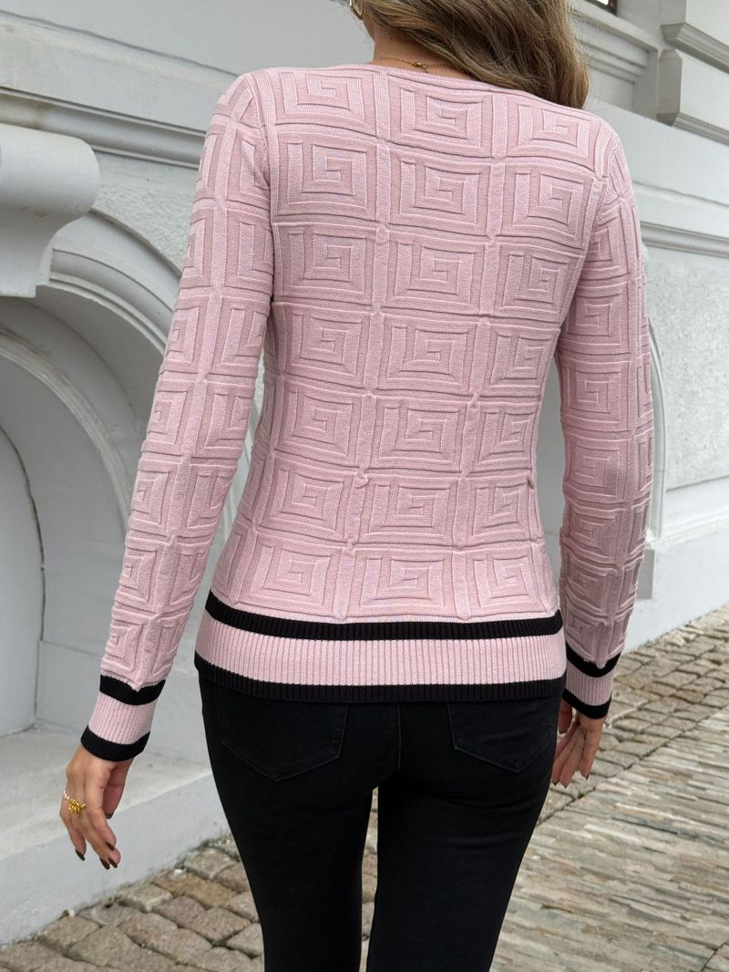 Maglione con scollo a V, elegante maglione a coste scozzese con scollo a V, pullover a coste e righe con bottoni, in rosa tenue._voghion.com