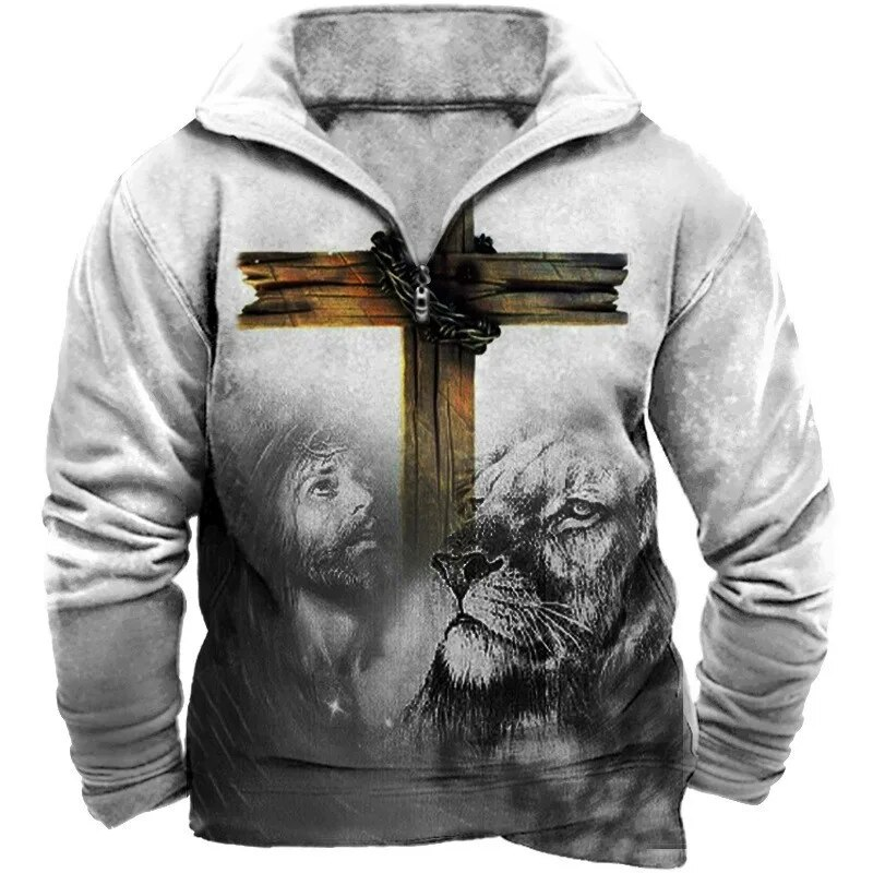 New autumn and winter with 3D digital printing stand up collar for men's street trend zipper access control pullover_voghion.com