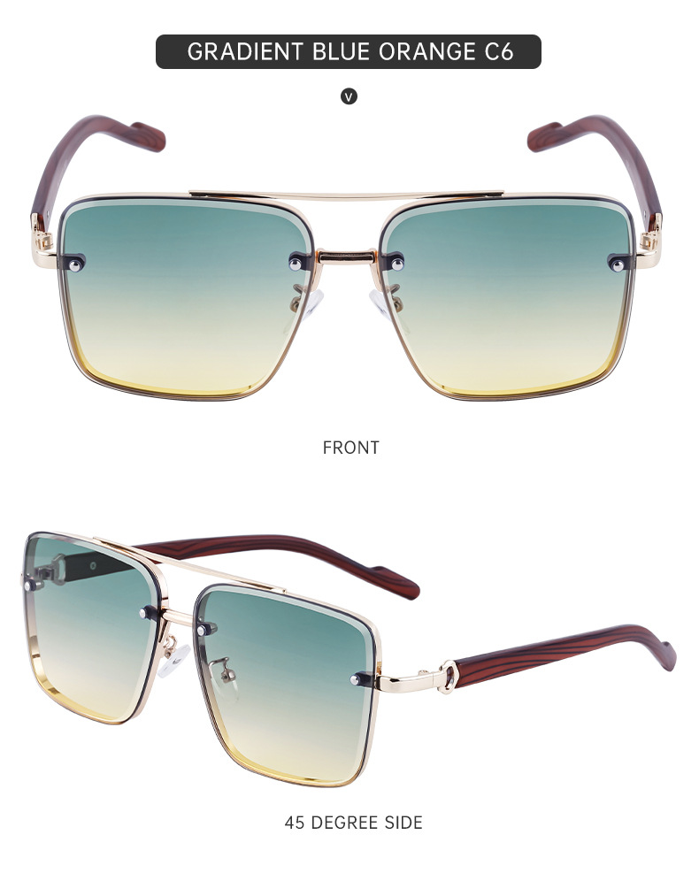 2024 Neue europäische und amerikanische Vintage-Doppelstrahl-Sonnenbrille aus Metall für Herren, Spiegelbeine aus Holzimitat, Anti-Blaulicht-Sonnenbrille für Herren_voghion.com