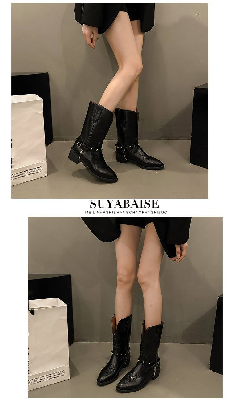 Retro-Western-Cowboystiefel im britischen Stil mit spitzen Absätzen für Damen im Herbst 2024, neue Ärmel, V-Ausschnitt, schlankmachender Blockabsatz, mittelhohe Stiefel_voghion.com